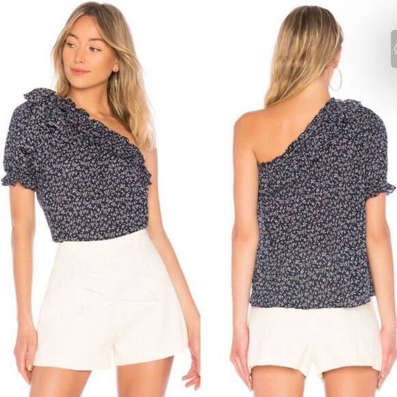 Ulla Johnson Tops - Ulla Johnson Alene Blue Floral One Shoulder Ruffle Top in Midnight - Size 8
